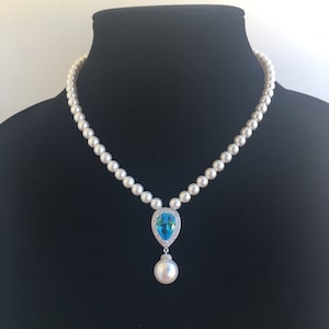 Aqua Blue Crystal Pearl Necklace Aqua Cubic Zirconia Bridal Backdrop Aqua Blue Wedding Teardrop Necklace Aqua Blue Bridesmaid Jewelry Gifts