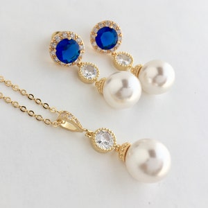 Blue Pearl Bridal Set Gold Blue Wedding Crystal Gold Cubic Zirconia Jewelry Blue Gold Bridesmaid Austrian Pearl Jewelry Blue Crystal Pearl