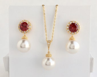 Gold Pearl Bridal Ruby Wedding Crystal Set Gold Cubic Zirconia Ruby Pearl Jewelry Red Bridesmaid Jewelry Red Austrian Crystal Pearl Jewelry