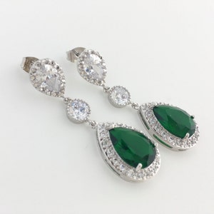 Green Crystal Earrings Emerald Bridal Earrings Cubic Zirconia Drop Earrings Green Wedding Teardrop Rhodium Earrings Green Bridesmaid Jewelry
