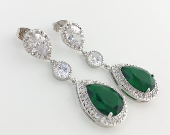 Green Crystal Earrings Emerald Bridal Earrings Cubic Zirconia Drop Earrings Green Wedding Teardrop Rhodium Earrings Green Bridesmaid Jewelry