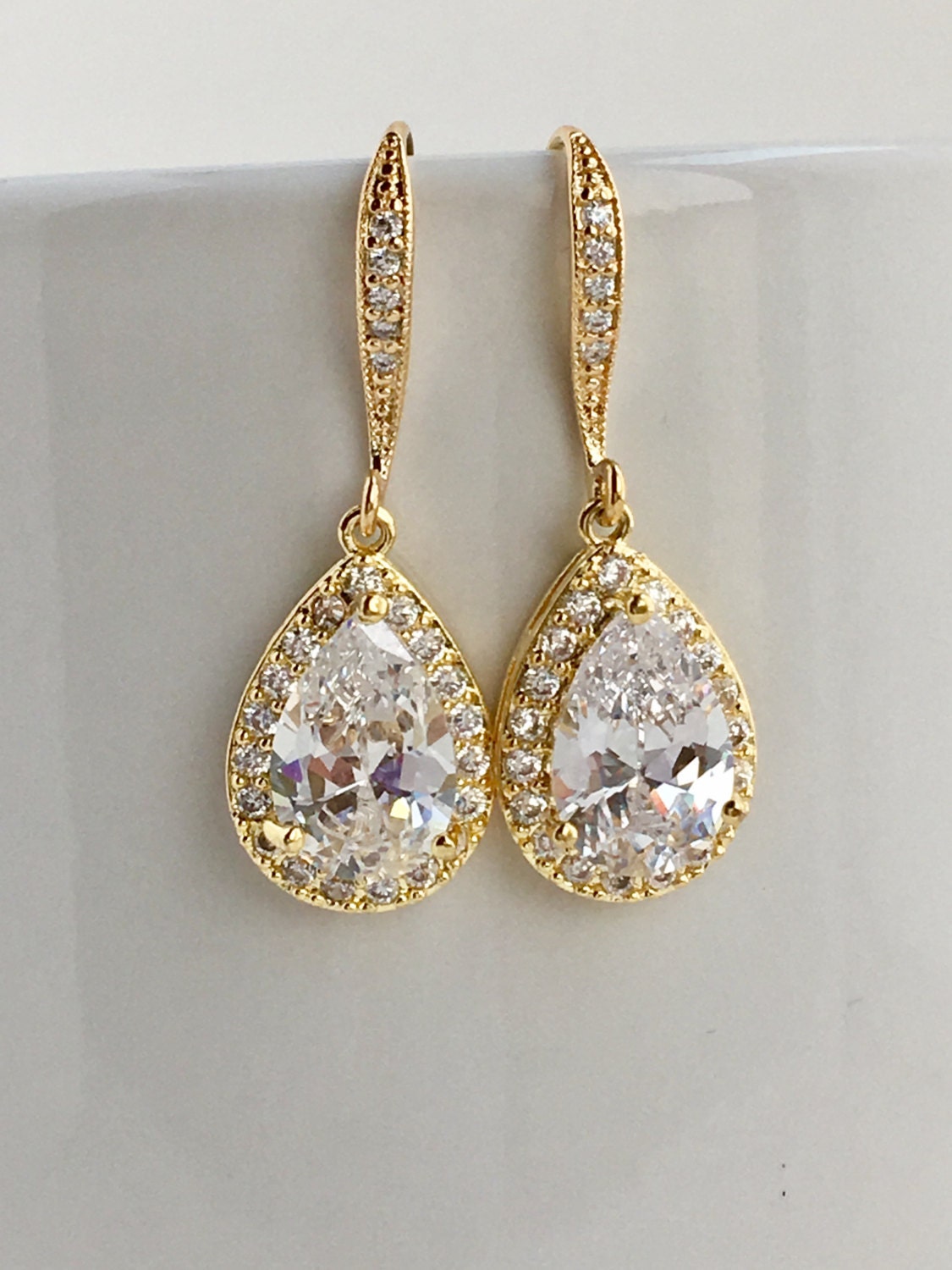 Gold Cubic Zirconia Earrings Gold Bridal Crystal Earrings | Etsy