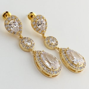 Gold Cubic Zirconia Earrings Gold Bridal Crystal Earrings Teardrop Halo Gold Earrings Bridesmaid Gold Jewelry Gold Bridal Halo Earrings