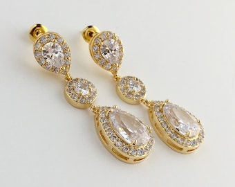 Gold Cubic Zirconia Earrings Gold Bridal Crystal Earrings Teardrop Halo Gold Earrings Bridesmaid Gold Jewelry Gold Bridal Halo Earrings