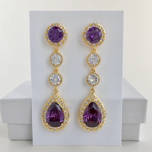 Long Purple Bridal Earrings Halo Purple Gold Zirconia Earrings Purple Crystal Earrings Amethyst Wedding Earrings Purple Bridesmaid Jewelry