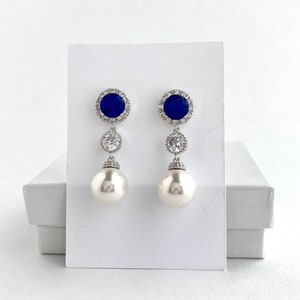 Sapphire Bridal Earrings Blue Halo Drop Earrings Blue Wedding Cubic Zirconia Earrings Blue Austrian Pearl Earrings Blue Bridesmaid Jewelry