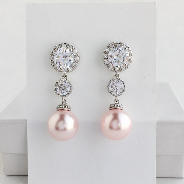 Pink Bridal Earrings Pink Pearl Earrings Blush Pink Crystal Wedding Pink Pearl Crystal Earrings Austrian Pink Pearl Earrings Pink Bridesmaid