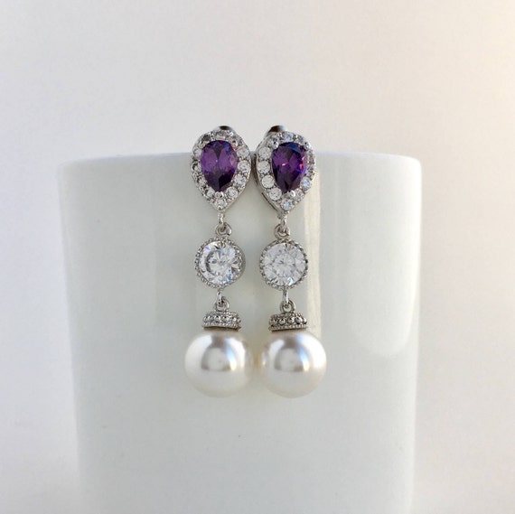 Purple Bridal Earrings Amethyst Wedding Cubic Zirconia Earrings Austrian Pearl Jewelry Purple Crystal Earrings Purple Bridesmaid Jewelry