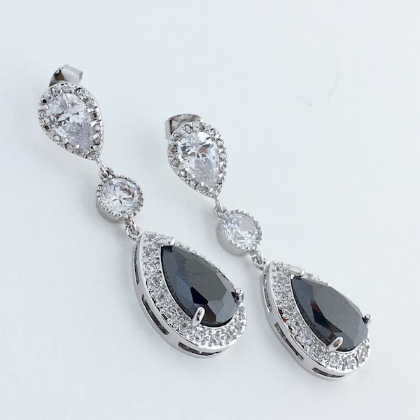 Pendientes colgantes en forma de lágrima con circonitas cúbicas negras, chapados en rodio