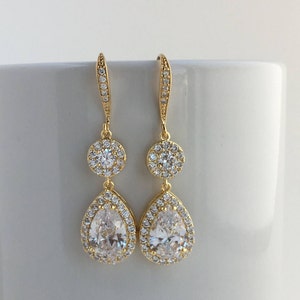 Gold Cubic Zirconia Earrings Gold Bridal Earrings Wedding Gold Jewelry Teardrop Halo Gold Crystal Earrings Bridesmaid Gold Drop Earrings
