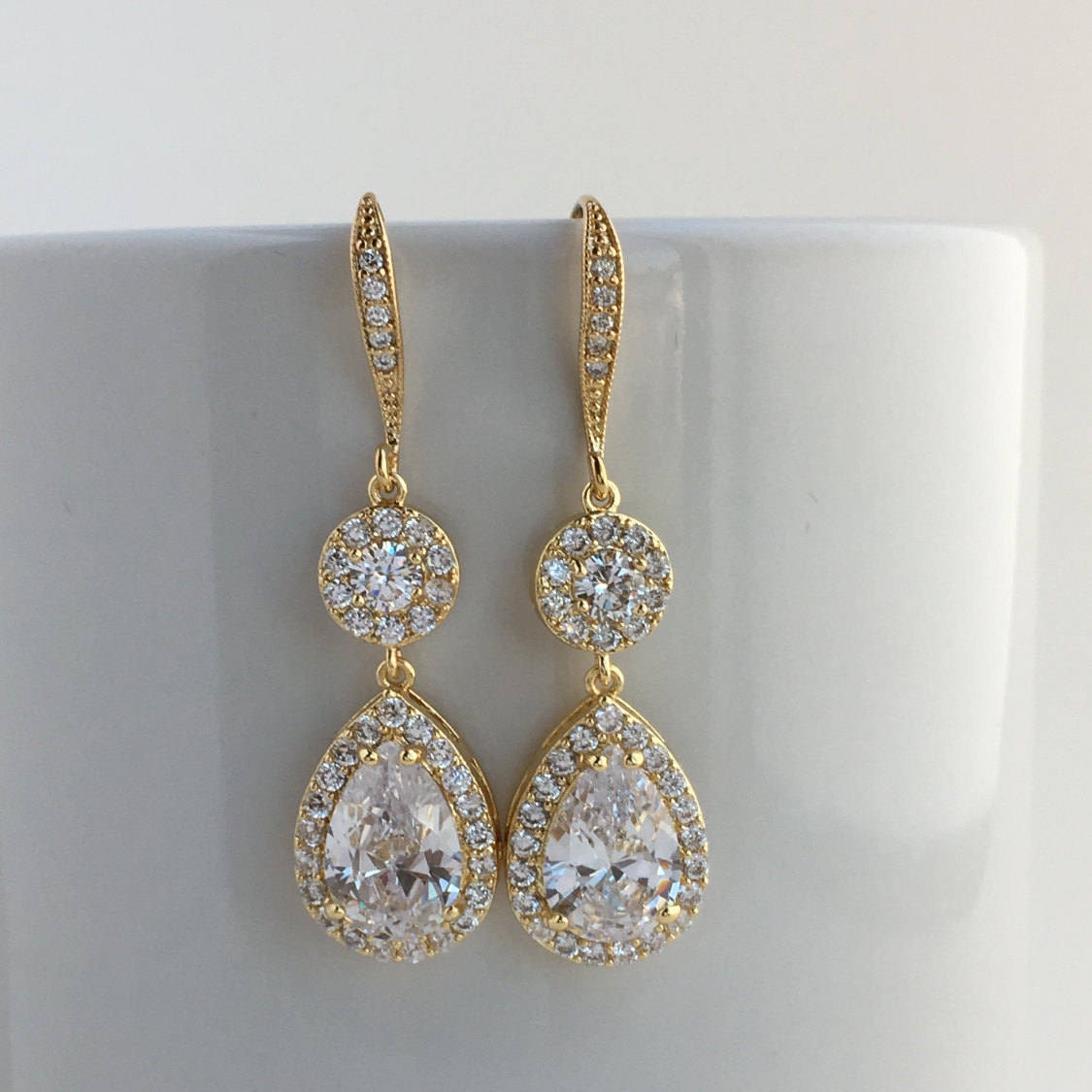 Gold Cubic Zirconia Earrings Gold Bridal Earrings Wedding Gold - Etsy
