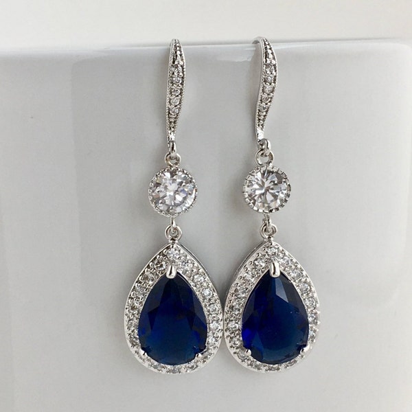 Sapphire Blue Bridal Earrings Blue Wedding Cubic Zirconia Earrings Blue Crystal Earrings Blue Teardrop Earrings Blue Bridesmaids Jewelry