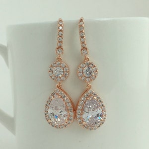 Rose Gold Cubic Zirconia Earrings Rose Gold Bridal Jewelry Rose Gold Crystal Earrings Rose Gold Bridesmaids Jewelry Rosegold Wedding Jewelry