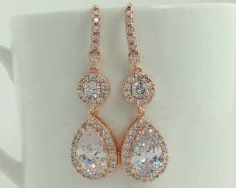 Rose Gold Cubic Zirconia Earrings Rose Gold Bridal Jewelry Rose Gold Crystal Earrings Rose Gold Bridesmaids Jewelry Rosegold Wedding Jewelry