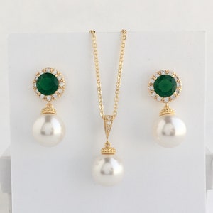 Green Pearl Set Green Wedding Crystal Jewelry Green Bridal Set Green Gold Bridesmaid Austrian Crystal Pearl Jewelry Gold Green Pearl Jewelry