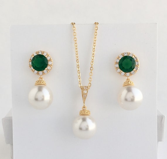 Green Pearl Set Green Wedding Crystal Jewelry Green Bridal Set Green Gold Bridesmaid Austrian Crystal Pearl Jewelry Gold Green Pearl Jewelry