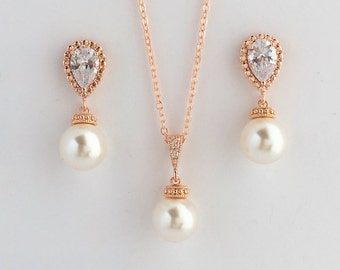 Oro rosa bañado en perlas y cristal Conjunto nupcial Boda Zirconia cúbica y joyas de perlas Joyería de dama de honor de oro rosa Joyería de perlas austriacas