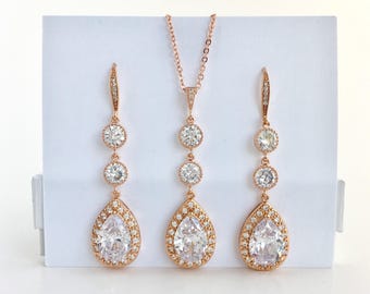 Long Rose Gold Bridal Set Long Rose Gold Zirconia Set Long Rose Gold Crystal Set Long Rose Gold Bridesmaid Jewelry Long Rose Gold Jewelry,