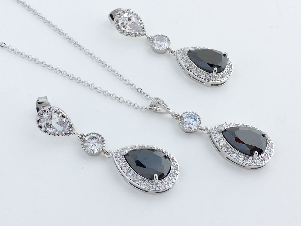 Black Cubic Zirconia Bridal Necklace Black Wedding Crystal Etsy