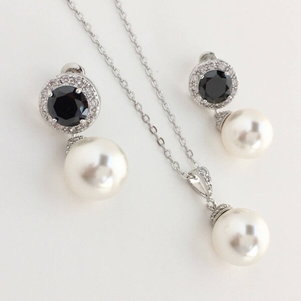 Black Pearl Bridal Halo Set Black Wedding Crystal Bridal Set Black Cubic Zirconia Pearl Set Black Bridesmaid Jewelry Set Black Pearl Set