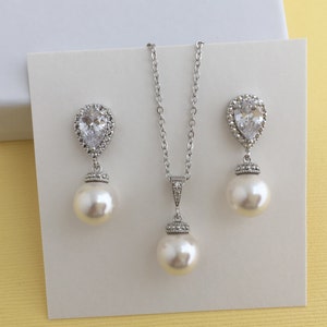 Pearl Bridal Set Wedding Crystal Bridal Set Cubic Zirconia Pearl Set Bridesmaid Austrian Crystal Pearl Jewelry Set Rhodium Crystal Pearl Set