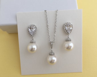 Pearl Bridal Set Wedding Crystal Bridal Set Cubic Zirconia Pearl Set Bridesmaid Austrian Crystal Pearl Jewelry Set Rhodium Crystal Pearl Set