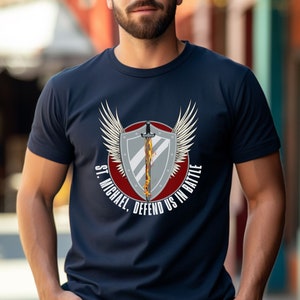 Saint Michael the Archangel Catholic Shirt Crest, Flaming Sword/Shield Defend us in Battle Confirmation Present, Gift for Dad, him, Priest