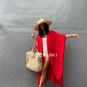 VOKN05/Red,Simple kimono jacket ,holiday,Boho, loose fit jacket, beach cover up, Summer cardigan