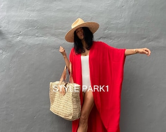 VOKN05/Red,Simple kimono jacket ,holiday,Boho, loose fit jacket, beach cover up, Summer cardigan