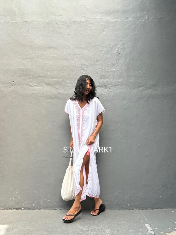 Ts33/white Rayon Tassel Kaftan Dress: Boho Beach Cover-up - Etsy