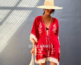 TTSE14/Embroidery Tassel  kimono,Robe,Beach ,Bikini Cover Up,Bohemian Kimono
