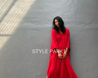 KT52/Red dyed ,Long Kaftan simple Dress, stylish, Elegant, Miami,lbiza,Holiday Dress,Evening dress,loose fit,Christmas