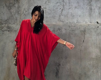 KTS10/Red Hand dyed ,Kaftan simple Dress, stylish, Elegant, Miami,lbiza,Holiday Dress,Evening dress,loose fit