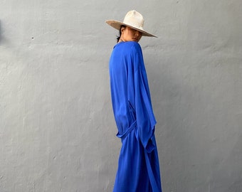 LKB32/Blue Oversized length Long Kimono, Robe, Summer,Unisex Kimono,for Tall Women’s,Vacations,Luxury kimono