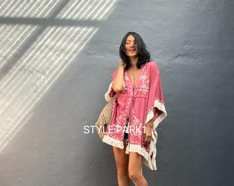 TTSE11/Embroidery Tassel  kimono,Robe,Beach ,Bikini Cover Up,Bohemian Kimono