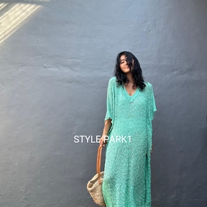 NA02/Sukienka maxi z dzianiny, Strój na wakacje, Letni look na co dzień, Sukienka boho, Prosta, Sukienka plażowa