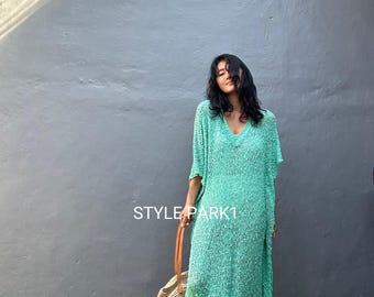 NA02/Sukienka maxi z dzianiny, Strój na wakacje, Letni look na co dzień, Sukienka boho, Prosta, Sukienka plażowa