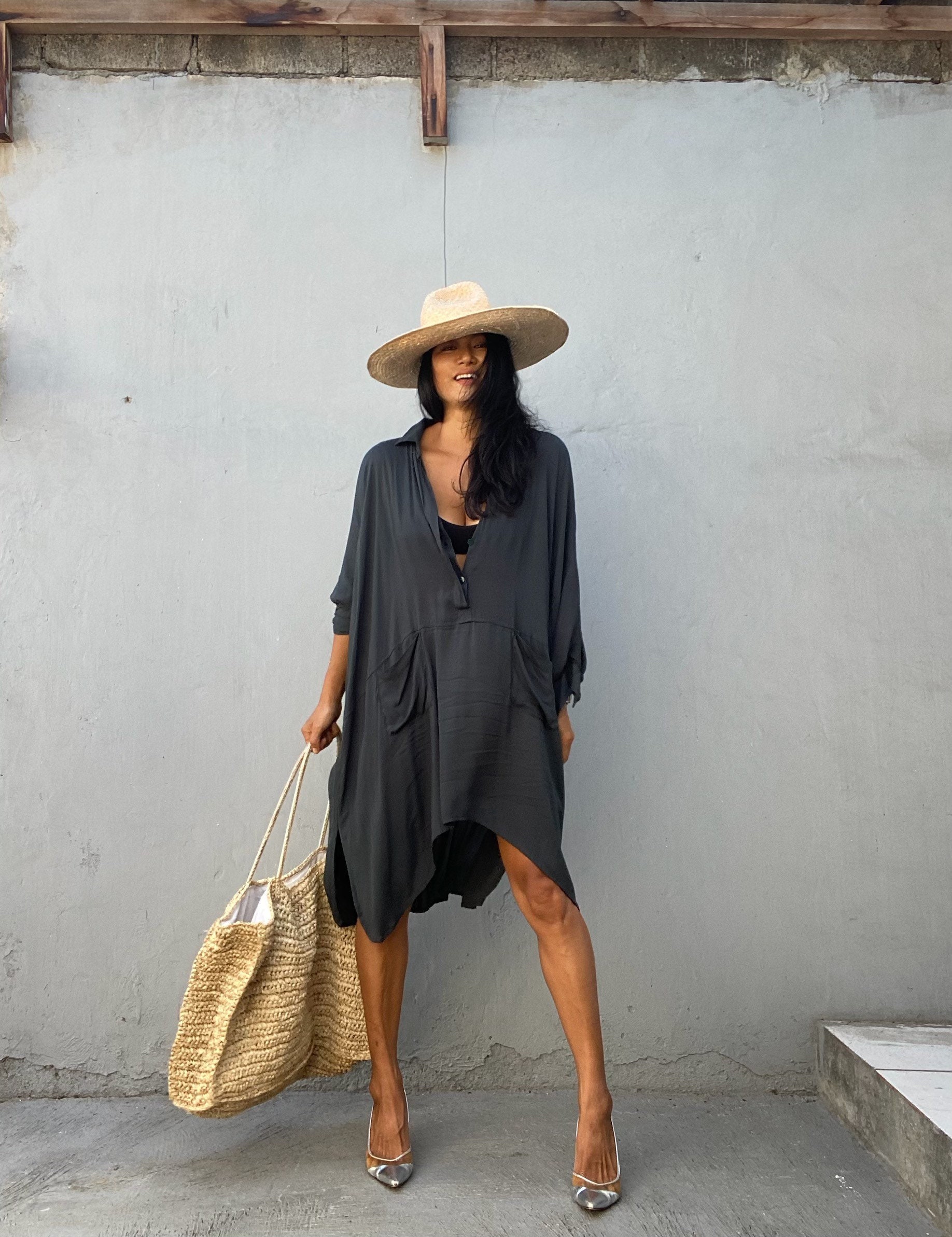 Jim02/Charcoal gray  Shirt dress,Tunic dress,knee length dress,Loose …