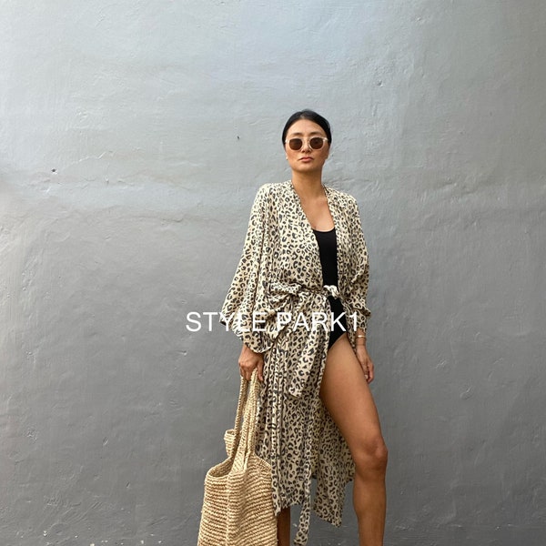 KS150/New,Leopard Print  Kimono,Vacation Look, Loose fit Robe,Beach Cover up,Swim Cover up,Home dress