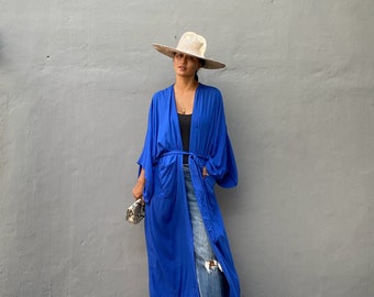 LK42/Bleu Long Kimono, Peignoir, Été, Kimono unisexe, Grande femme