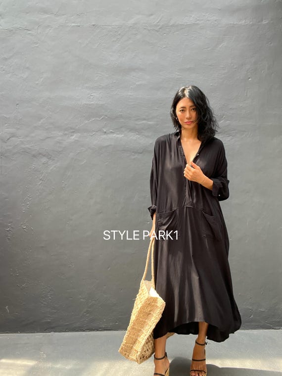 JIML41/Black Long Shirt dress,Maxi dress,,Loose top, Summer women dress,Stylish