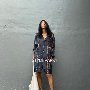 KU07/Tie Dyed Oversized shirts ,boho chic, Shirt Dress,Casual Shirt Dress,Mini shirt Dress,Loose Fit image 2