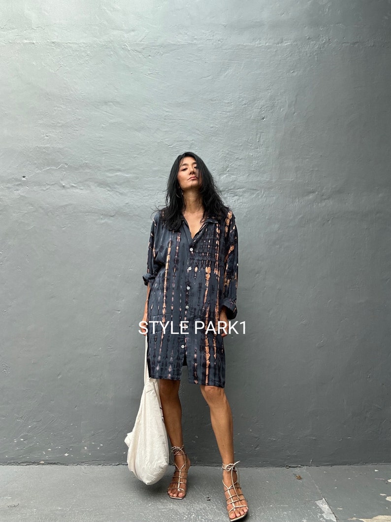 KU07/Tie Dyed Oversized shirts ,boho chic, Shirt Dress,Casual Shirt Dress,Mini shirt Dress,Loose Fit image 2