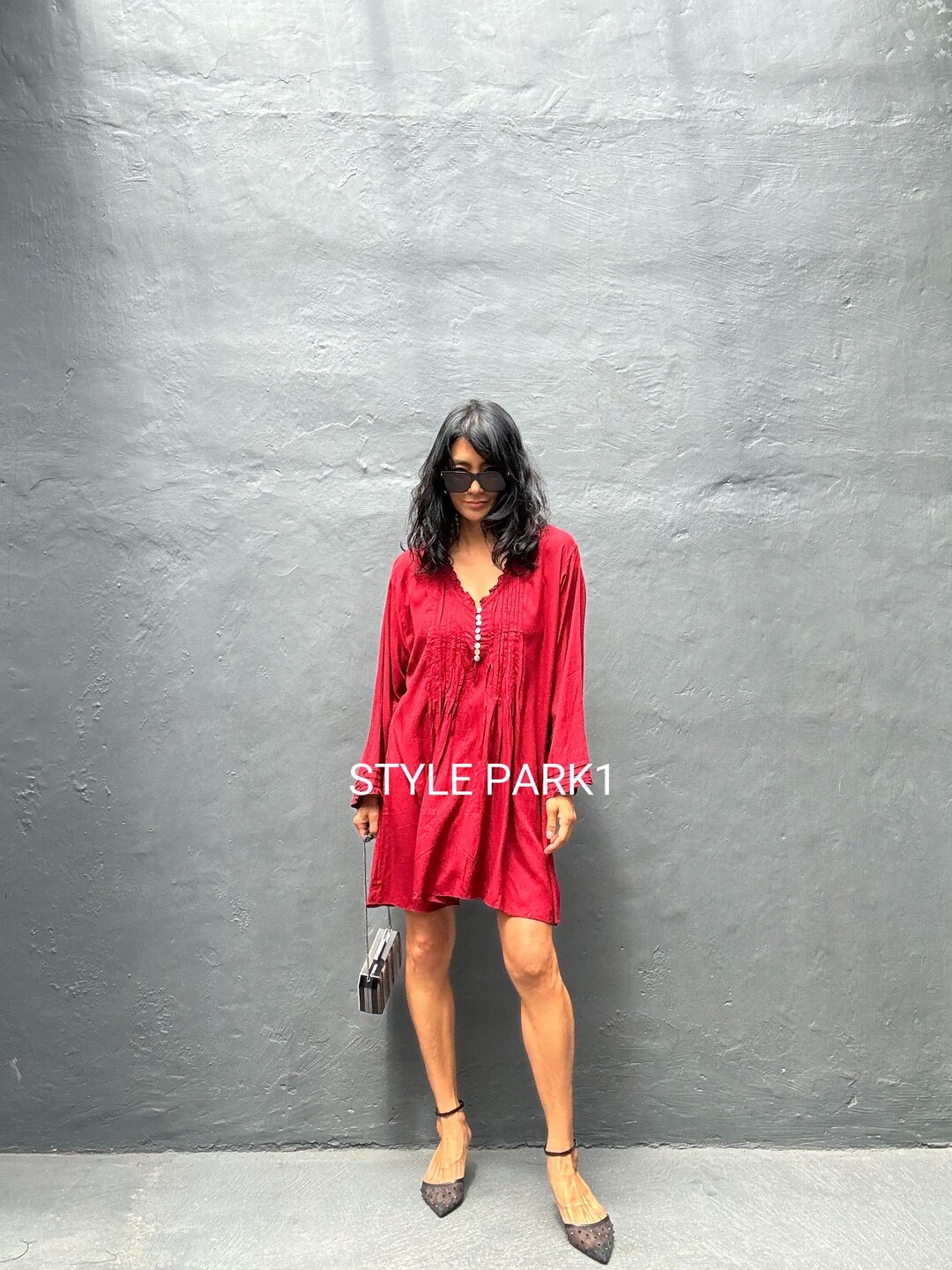 RA04/ゆったりフィット、チュニックドレス、シャーリング、リゾート