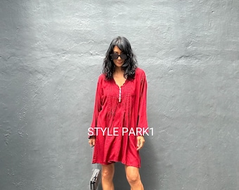 RA04/ゆったりフィット、チュニックドレス、シャーリング、リゾート