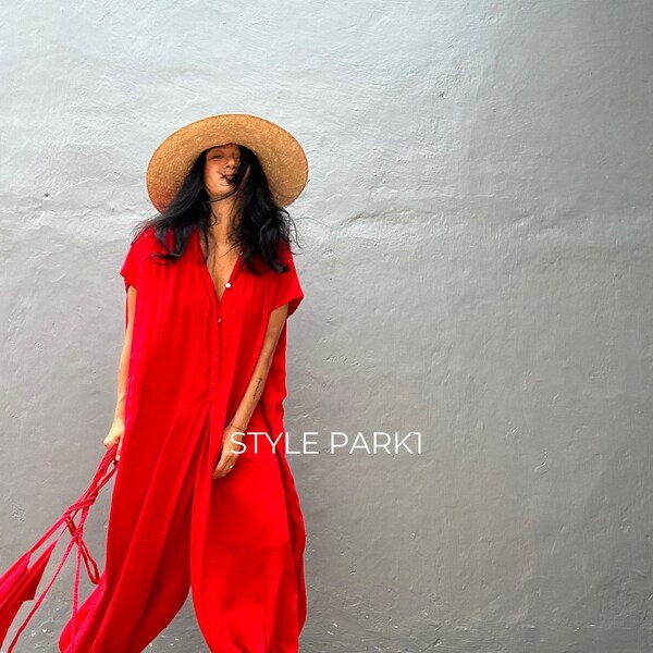 SMK02 / Red Jumpsuit, Stilvolles Kleid, Sommer-Jumpsuit, Luxus-Stil, Boutique, Elegant, Bali Urlaub, Sommernacht Kleid