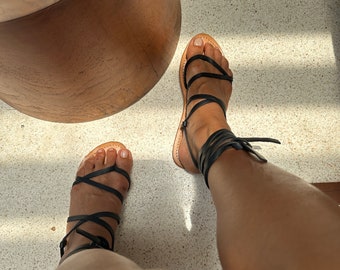 SD24/Sandalias de cuero, color negro, sandalias de gladiador griego, sandalias de mujer, zapatos de mujer