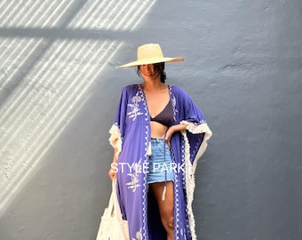 TTLE12/Kimono largo con borlas bordadas, bata, playa, pareo de bikini, kimono bohemio