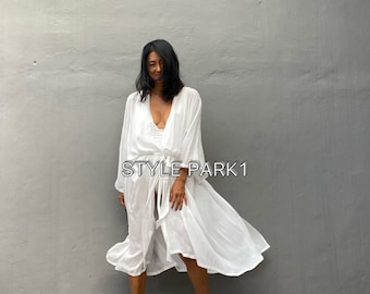 KS110/Vanilla white, Summer Kimono,Vacation Look, Loose fit Robe,Beach Cover up,Swim Cover up,Home dress