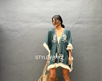 TTSE15/Embroidery Tassel  kimono,Robe,Beach ,Bikini Cover Up,Bohemian Kimono